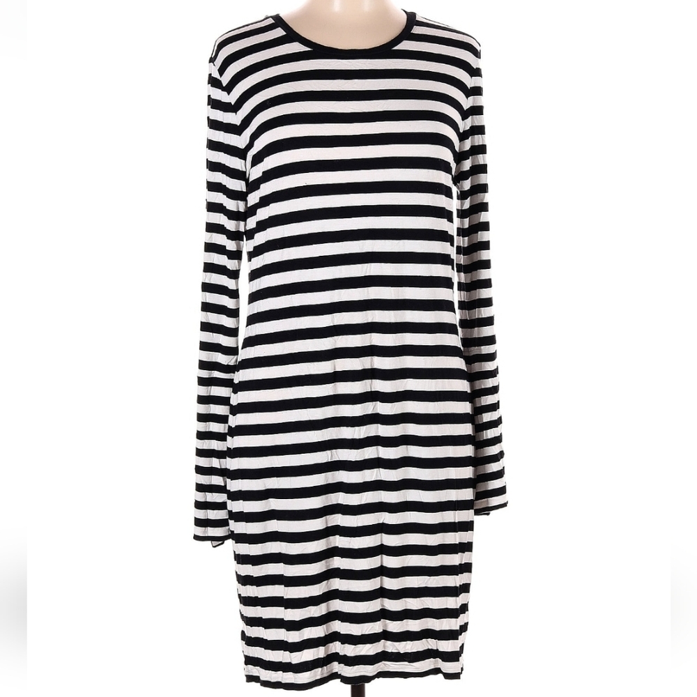 MICHAEL Michael Kors Crew Neck Long Sleeve Striped Dress, L, Black & White